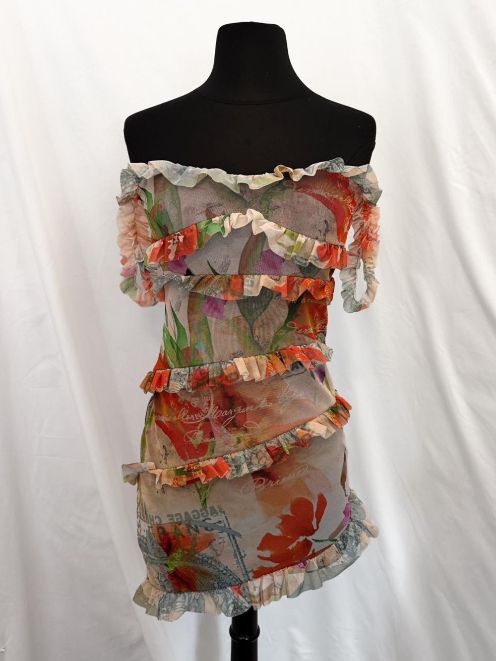 PrettyLittleThing Floral Mesh Ruffle Off Shoulder Mini Dress Size 6 NWT